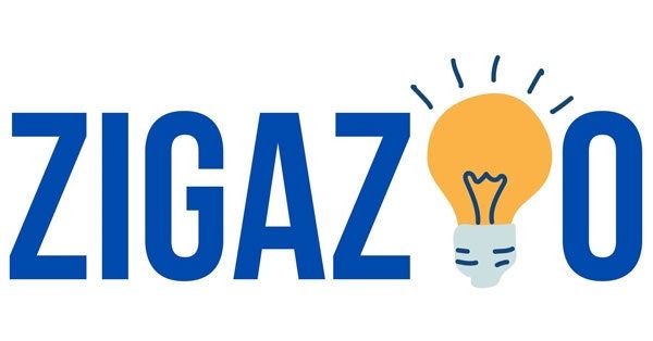 Das Zigazoo-Logo: Alle Großbuchstaben in blauer Schrift, mit einer Glühbirne nach der zweiten