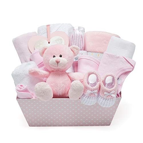Geschenkkorb für Mädchen mit Fleece-Wickeltuch, Kapuzenhandtuch, Kleidung und Teddybär