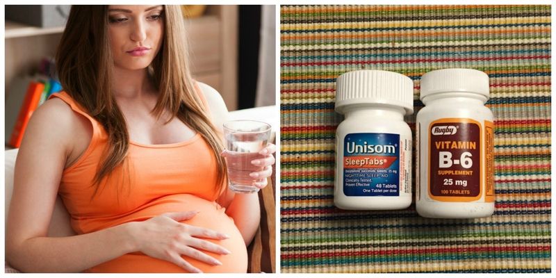 schwangere Frau, die eine Tasse Wasser hält, schwangere Frau, die ihren Bauch berührt, Unisom und Vitamin B6